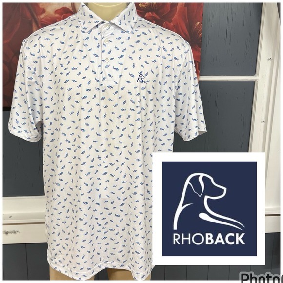 Rhoback Polo Golf Shirt Mens XXL 2XL Classic Fit Wicking Fish White Blue Pink